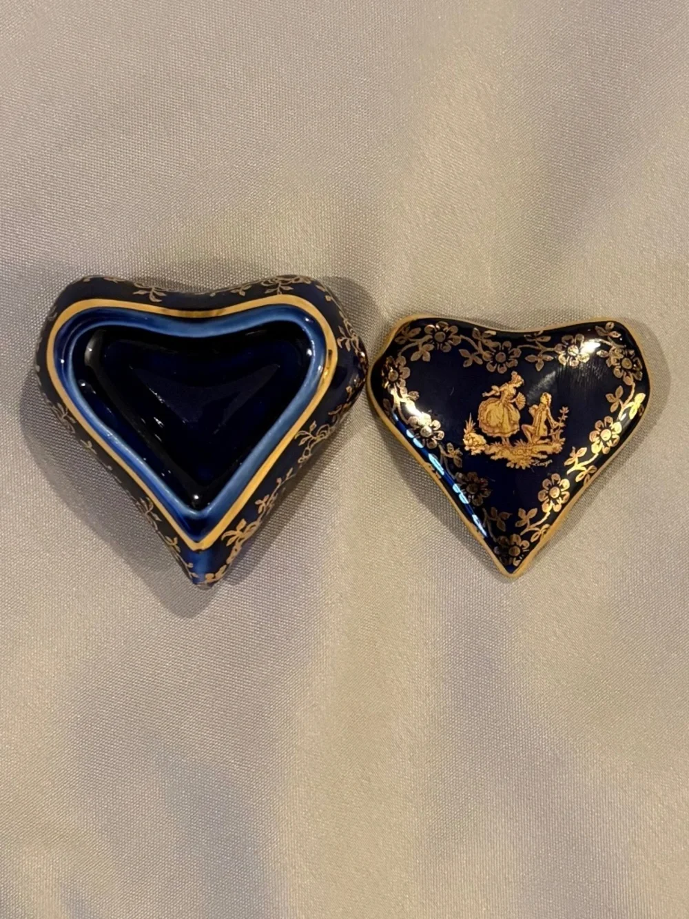 Vintage Limoges France Courting Couple Heart Shaped Cobalt Blue Trinket Box